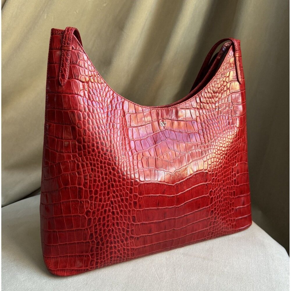 Valentino Vintage Red Croc Embossed Minimalist Shoulder Bag Medium
